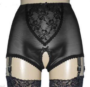 Sexy vrouwen openen crotch shorts met 4 meter gespen korte riemen kant en mesh lingerie suspener elastische jarretellebelt met satijn BO2696038
