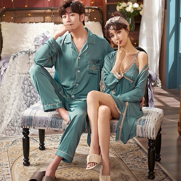 Sexy Femmes rembourrées Bra robe Nightwear Silk Satin Gin Pyjama Man sets Spring Summer Solid Pyjamas pour les couples