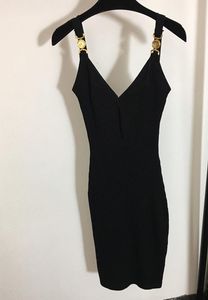 Sexy Women Party Dress V Neck Sleeveless Knit Slim Dresses High Quality Female Gold Button Long Milan Clothing