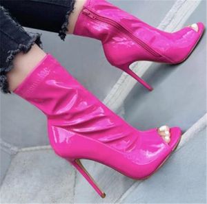 Sexy Vrouwen Peep Toe Rose Pink Stiletto Hak Korte Laarzen Patent Lederen Wit Geel Hoge Hak Enkellaars Big Size