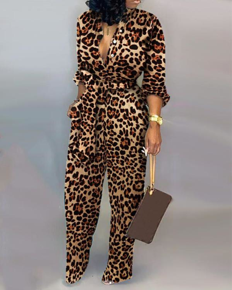 Женские комбинезоны Rompsers Сексуальные женщины ползунки леопардовый привязанный талии с длинным рукавом комбинезон моды вскользь стиль для S-XL