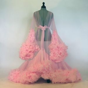 Sexy vrouwen ruches roze nachtkleding lange mouw prom jurk bruids moederschap jurken voor foto avondjurken gewaad bruidsmeisje badjassen