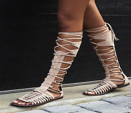 Sexy Women's Back Zipper New Open Toe Knee High Tall Lace Up Cut Out Roman Flat Sandales Lady Casual Rayway Boots Chaussures 35-42 Mujer3837215