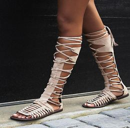 Sexy Women's Back Zipper New Open Toe Knee High Tall Lace Up Coupez les sandales plates romaines Lady Casual Rayway Boots Chaussures 35-42 Mujer2861096