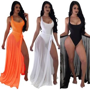 Bikini sexy para mujer Traje de baño 2019 Malla Escote redondo Trajes de baño de una pieza y vendaje Sheer Long Maxi Falda Set Beach wimwear Cover Up