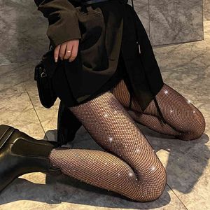 Sexy dames diamant visnet panty's mesh panty multicolor strass nylons glanzende pantyhoses kollant kousen vis net T220809