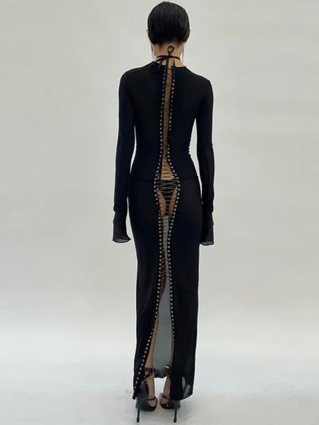 Robe en maille noire à bandes creuses pour femmes, Sexy, col rond, manches longues, dentelle serrée, transparente, robe de soirée, boîte de nuit, 2024, 231230