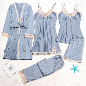 Robe de robe sexy pour femmes Ensembles Automne Hiver 4 5 pièces Pyjamas Ensembles de nuit Femmes Sleep Set Faux Soie Robe Femme Lingerie 201114