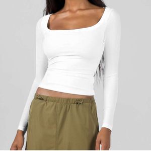 T-shirt tricoté à manches longues et col en U pour femme, haut Sexy avec doublure ajustée