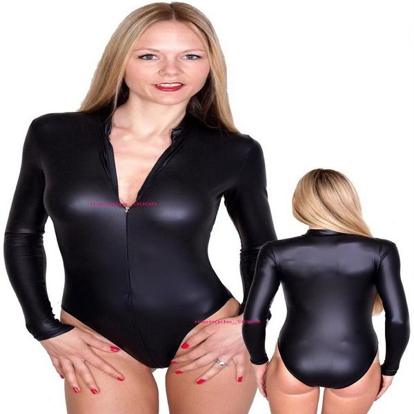 Trajes femininos sensuais com corpo curto zíper frontal preto brilhante lycra metálico macacão feminino unissex roupa festa de Halloween Fan301J