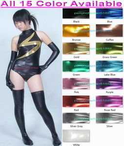 Sexy Vrouwen Korte Panty Pak Kostuums Met Lange Handschoen En Kousen 15 Kleur Glanzend Metallic Catsuit Kostuum Halloween Party F6516407