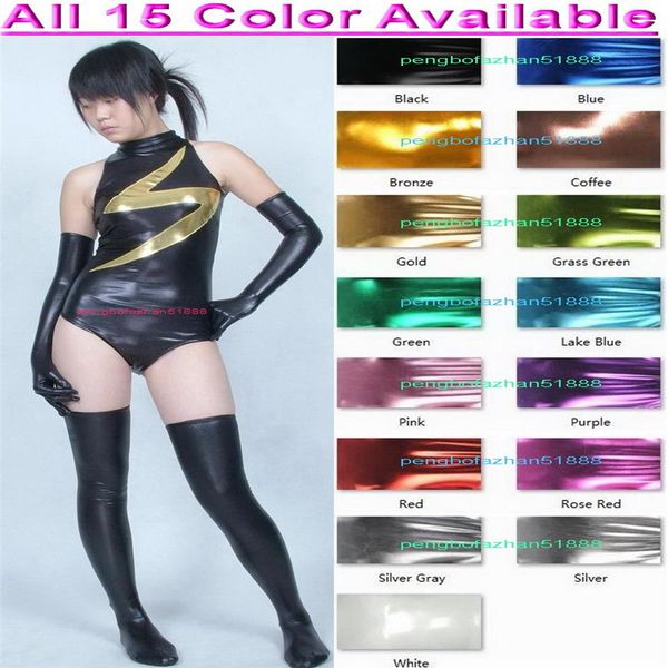 Sexy mujer medias cortas Body Suit disfraces con guante largo y medias 15 colores metálicos brillantes Catsuit disfraz Halloween fiesta F291J