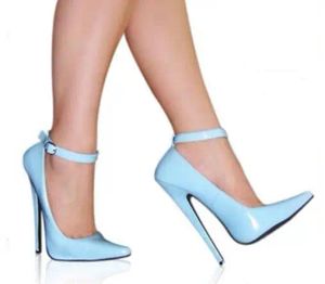 Zapatos sexis de charol brillante para mujer, azul cielo, rojo, 18 CM, tacones finos súper aguja, hebilla en el tobillo, zapatos de tacón poco profundos, zapatos de baile de Ballet