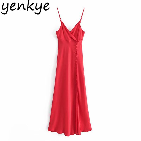 Sexy Femmes Sling Rouge Longue Maxi Robe Femme Sans Manches Côté Bouton Fentes Robe Dames Été Soirée Robes De Soirée 210430