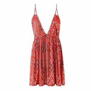 Sexy femmes doux coton col en V robe été mode dames plage Style femme fleur imprimé fronde Mini 210515