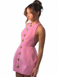 Sexy Femmes Solide Rose Halter Hallow Out Backl Mini Dr Élégant Lady Sleevel Slim Or Butt Dres Lady Party Robes f0gR #