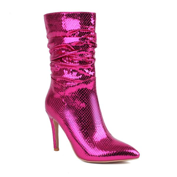 Femmes sexy Stiletto bottes plissées métallisé or argent Python cuir mince talon haut bottes courtes à enfiler pour les filles chaussures de fête 35-43