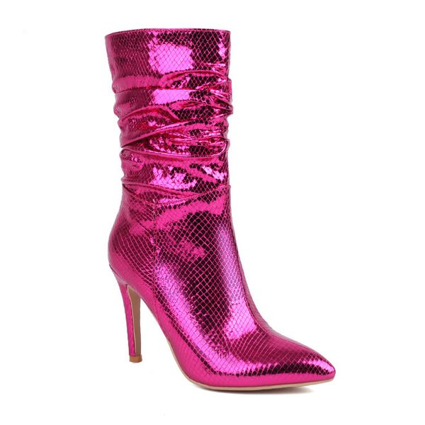 Botas plisadas de tacón de aguja sexis para mujer, botas cortas sin cordones de tacón alto fino de cuero de pitón metálico dorado y plateado para niñas, zapatos de fiesta 35-43