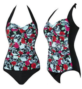 Traje de baño sexy de una pieza con tiras para mujer, estampado de calavera, ropa de playa con espalda descubierta y cuello Halter, traje de baño de cintura alta, ropa de verano de talla grande M4XL1816634