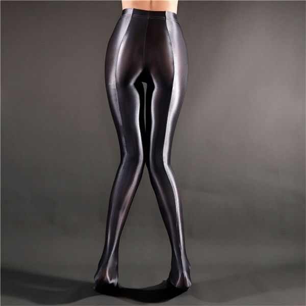 Sexy Women Stripe Oil Gloosy Lápiz Pantalón Brillante Completo Smooth Ver a través de Leggings Candy Color Dance Wear F20 210925