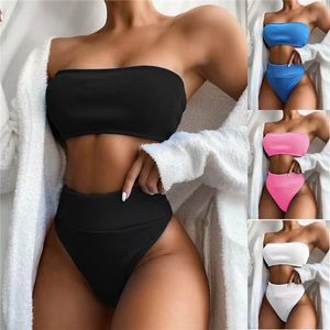 Sexy femmes maillots de bain nœud papillon couleur unie élastique Bikini sangle évidé haut tubulaire maillot de bain fendu équipement de sports nautiques vêtements plage Sexy Holiday Bikini Set