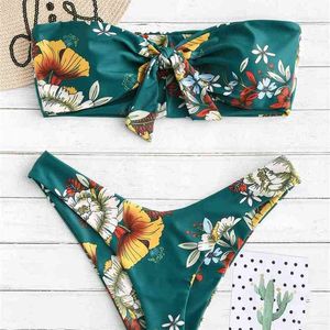 Sexy mujer traje de baño nudo Floral Bandeau Bikini conjunto sin tirantes acolchado traje de baño playa mujer brasileño trajes de baño 210722