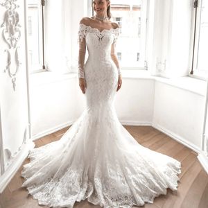 Sexy Femmes Robe De Mariée Blanc Dentelle Appliques Robe De Mariée Hors Épaule Manches Longues Tulle Sirène Étage Longueur Sur Mesure