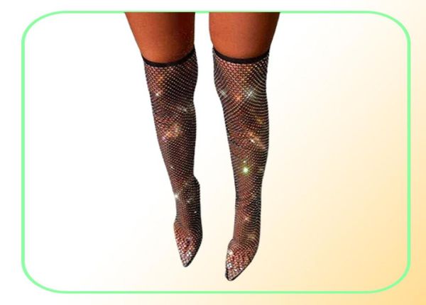 Sexy Women039s Boots Over the Knee Boots Both Botas High Botas pointu Point High Heels Chaussures Femelle Crystal Fishnet Mesh Club de nuit Sh8515849