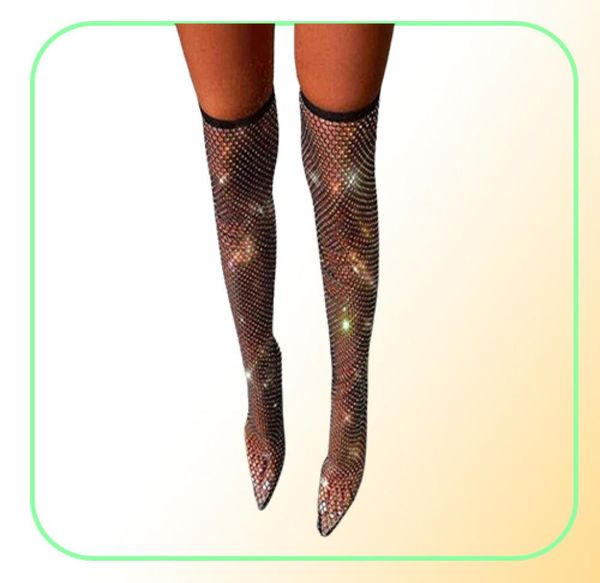 Sexy Women039s Boots Over the Knee Boots Both Botas High Botas pointu Point High Heels Chaussures Femelle Crystal Fishnet Mesh Club de nuit SH5058106