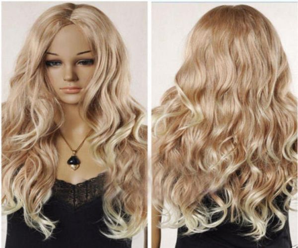 Sexy Women039s Longue Blonde Mixte Ondulés Bouclés Cheveux Naturels Pleine perruques perruque cadeau 4206455