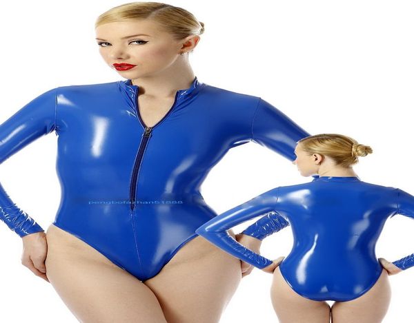 Sexy Women039s traje corto de PVC traje de medias con cremallera frontal azul brillante PVC Catsuit disfraces ropa unisex Halloween P6647075