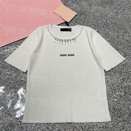 Camisa de punto de diseñador de lujo para mujer, Tops informales de manga corta para uso diario, jerséis de punto con cuello de diamantes de imitación elegantes para mujer