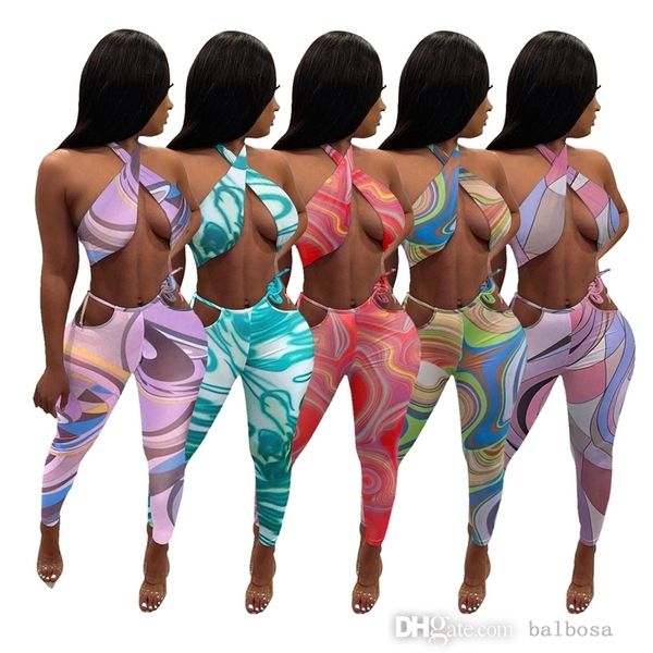 Sexy Sheer Yoga Pants Chándales Ropa de diseñador para mujer 2023 Moda de verano Halter Neck Print Bra Conjunto de pantalones de dos piezas