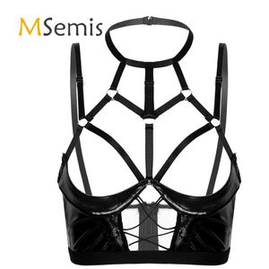 Lencería sexy para mujer Sujetador sin copa Top para sexo Halter Neck Hollow Out Strappy Charol Cremallera Sin forro Underwire Open Cup Bras