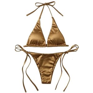 Sexy para mujer Halter metálico Top Top de dos piezas TIPA TIE Side Triangle Bikini Summer Bathing Traje de ropa de playa 240408