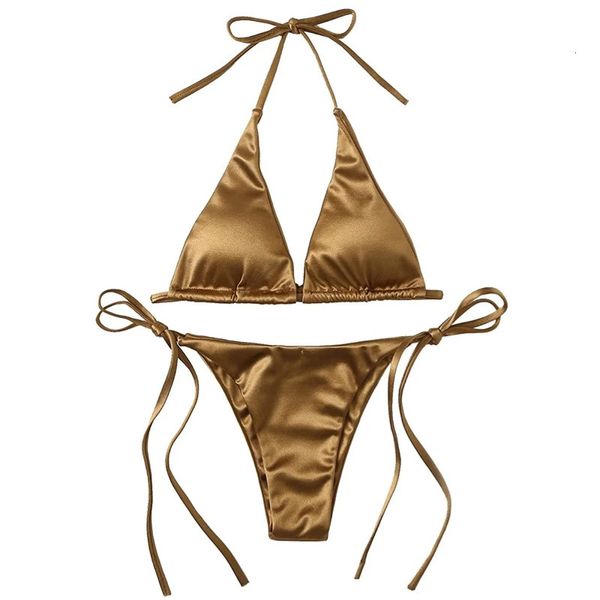 Sexy para mujer Halter metálico Top Top de dos piezas TIPA Side Triangle Bikini Summer Bathing Traje de ropa de playa 240426