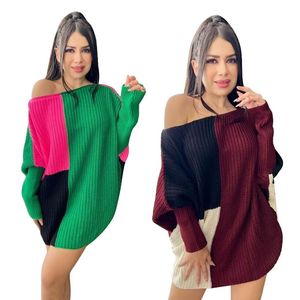 Sexy Femmes Patchwork Robe Dames Hiver Manches Longues Pull Hauts Mode Filles Tricoté Surdimensionné Baggy Pull Occasionnel Pulls Larges Mini Robes