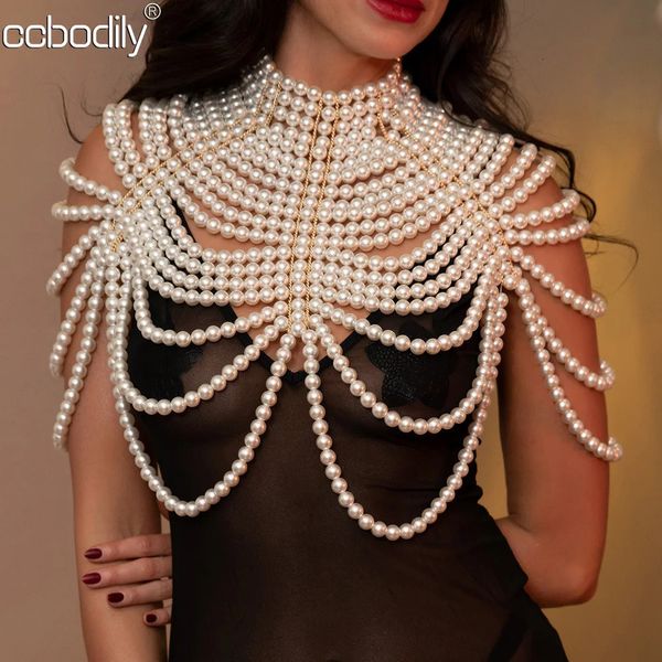 Sexy para mujer Pearl Body Chains Bra Shawl Moda Tamaño ajustable Hombro Collares Tops Cadena Vestido de novia Perlas Joyería del cuerpo 240305