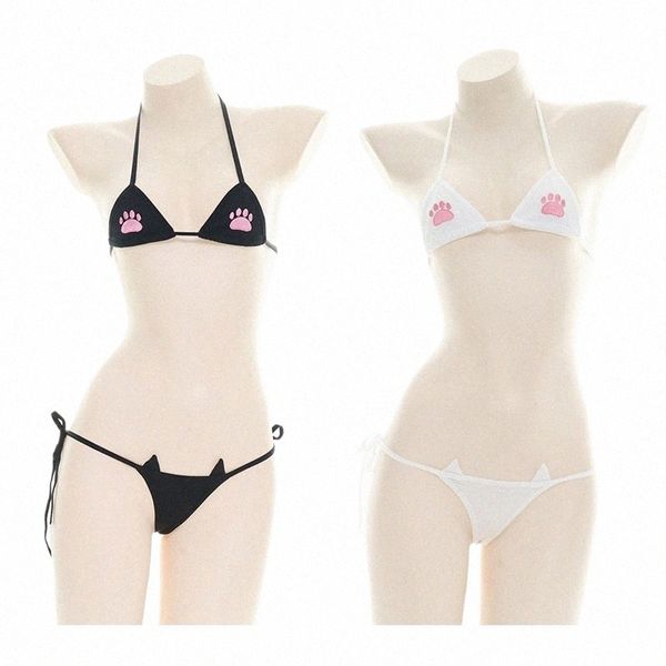 Sexy Womens Summer Cat Paw brodé Mini Bikini Bikini mignon Kawaii Anime Cosplay Lingerie Set Tie Bra Top avec Briefs Drop Ship D8PQ #