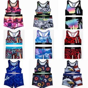 Sexy Womens Yoga Outfits Survêtements Deux Pièces Maillots De Bain Mode Imprimé Gilet Crop Top Et Shorts Designer Marque Sports Fitness Set