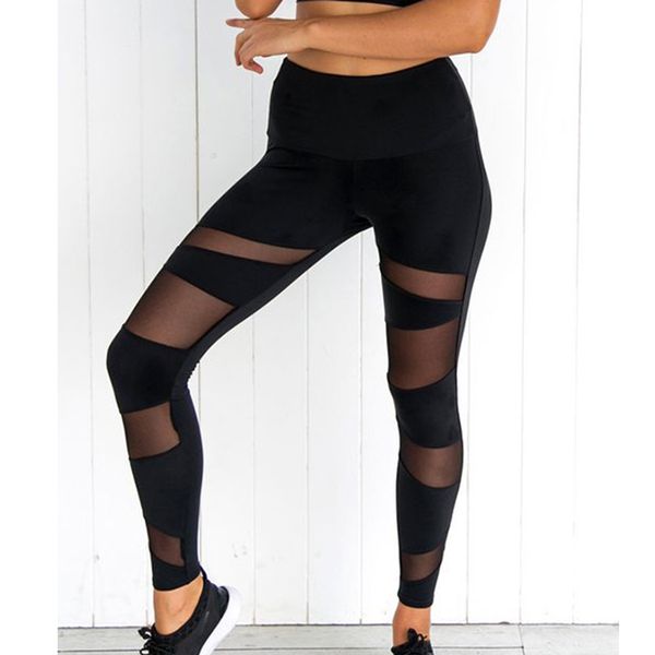 Mallas de entrenamiento sexis para mujer, mallas de malla ajustadas para Fitness, Jeggings Push Up, pantalones de gimnasio de cintura elástica de poliéster de alta elasticidad negra