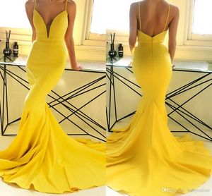 Sexy gele zeemeermin avondjurken goedkope backless spaghetti valt trompet lange bruidsmeisje jurk prom feestjurken gewaad de mariie