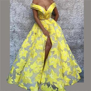Vestido de noche con hombros descubiertos amarillo sexy Patrón floral Vestidos de baile divididos Hasta el suelo Diseño de lujo Vestidos de baile
