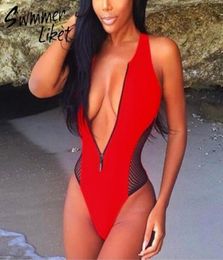 Sexy Zipper Bikini Femmes 2019 Mesh Push Up Bathers Beach Wear Swimwear High Cut Bathing mail MAINTRAIRE Noir One Piece Monokini8470803