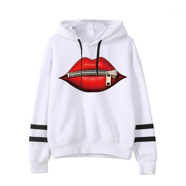 Sexy cremallera labios impresos sudaderas con capucha mujeres estilo de la calle moda raya sudadera manga larga mujer jersey con capucha dos líneas tops1