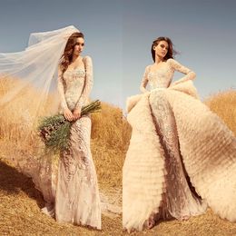 Sexy Zuhair Murad Mermaid Trouwjurken met Afneembare Trein Vierkante Kant Pailletten Bruidsjurk Sweep Train Robe de Mariée