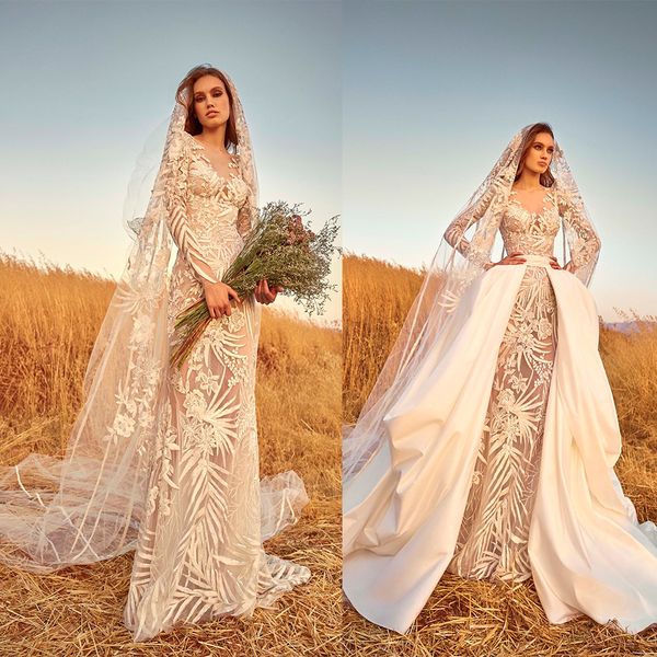 Robes de mariée sirène sexy Zuhair Murad avec train détachable col en V à manches longues en dentelle paillettes robe de mariée balayage train robe de mariée