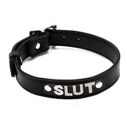 Sexyy collier en cuir véritable lettre décorer Bdsm bondage esclave cou sangle flirter collier adulte cosplay jouet sexy pour les couples