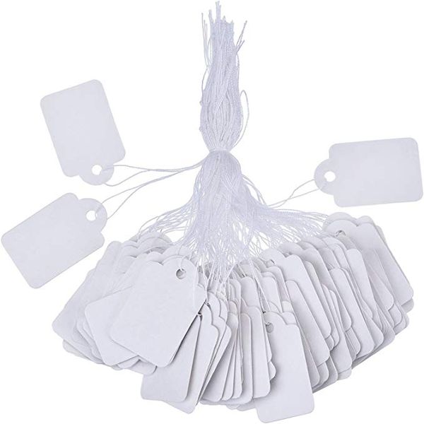 SF 100pcs / lot blanc Étiquettes de prix blanc papier Étiquettes de marquage Bijoux Vêtements Prix Étiquettes produits Étiquettes d'affichage avec chaîne suspendue 1.2 * 2.5cm