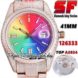 SF bl126231 A2824 Montre automatique pour homme jh126331 ew126333 Marqueurs de bâton Cadran arc-en-ciel Diamants Lunette Acier 904L Glacé Diamant Bracelet en or rose Montres d'éternité